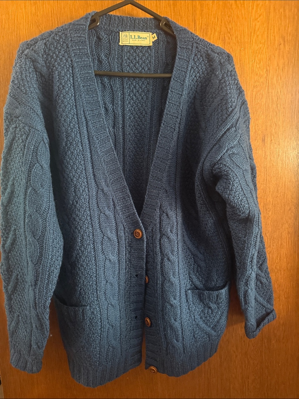 L.L. Bean Women's Dark Teal 100% Wool Cable Knit Button-Front Cardigan